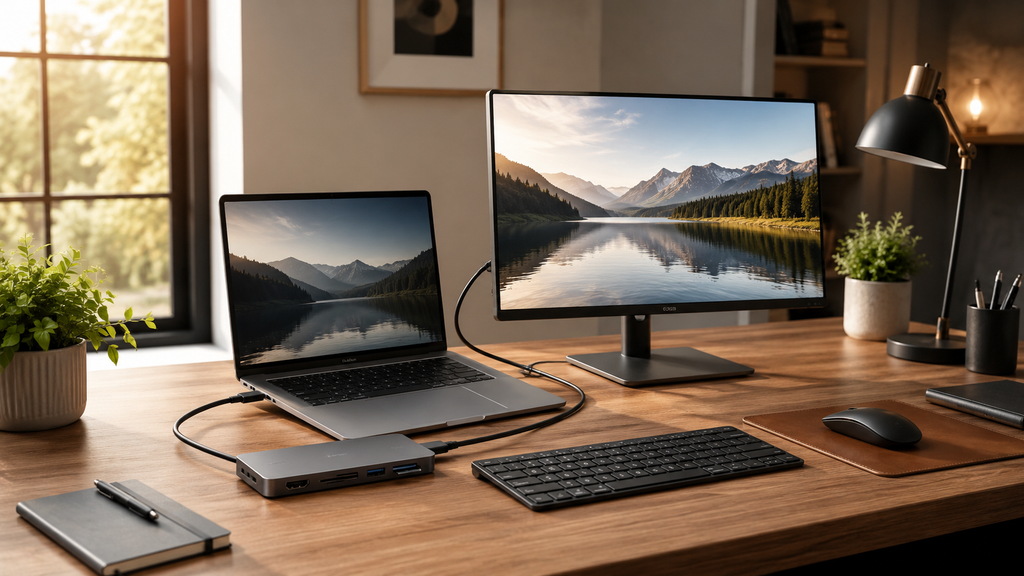 USB-C 멀티허브에 외장 SSD와 주변기기를 연결한 모습